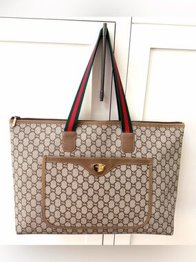 GUCCI PLUS Vintage GG Supreme Monogram Zip Top Tote Sherry Web Large Travel Bag